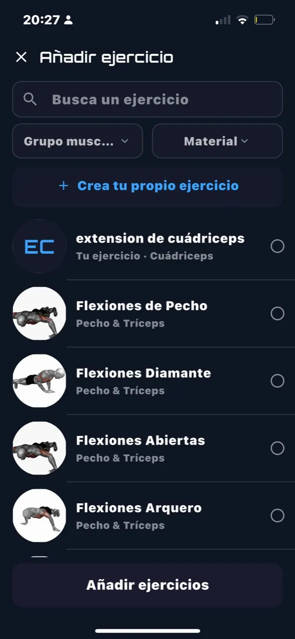 FitVerso — añadir ejercicios a un entreno libre