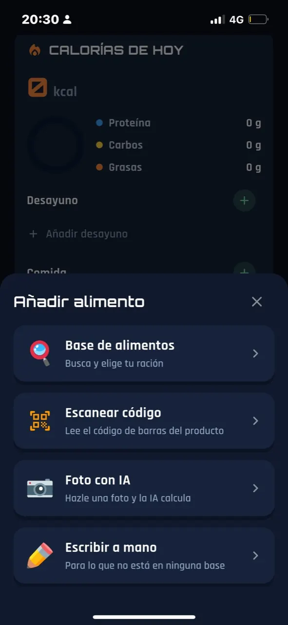 FitVerso — añadir alimento al diario de comidas